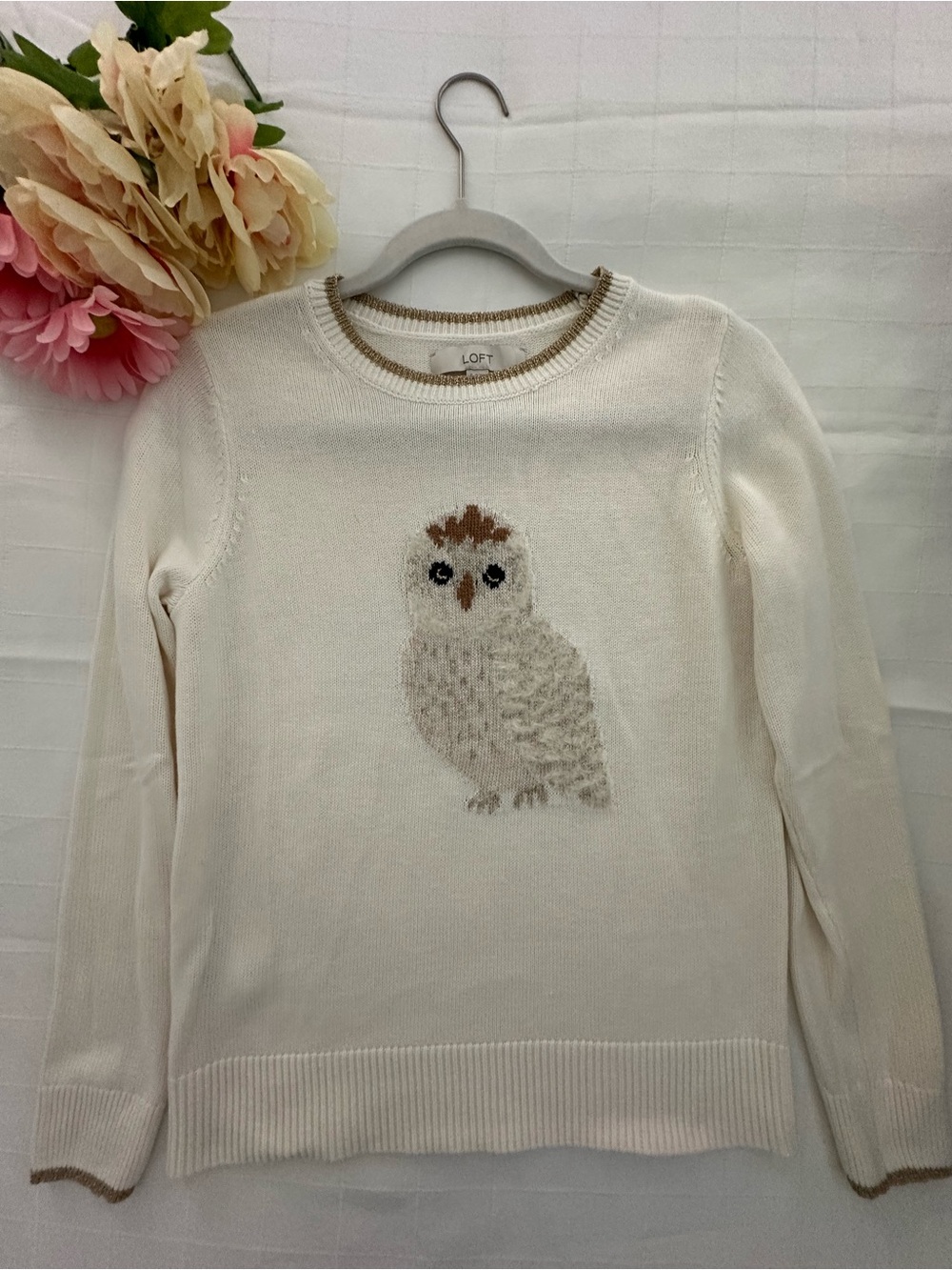 Loft NWOT Cream Feather Owl Crewneck Sweater
